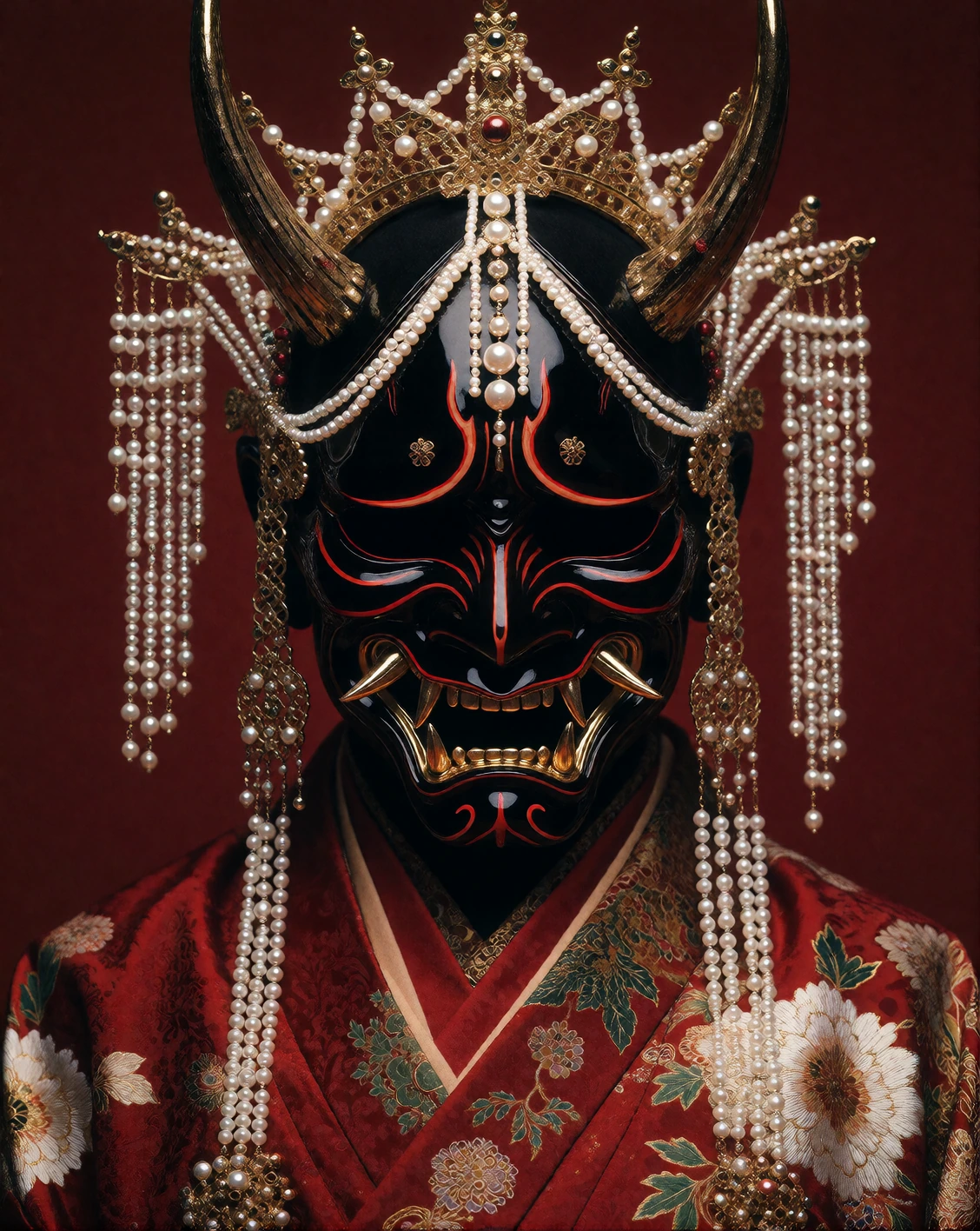 A dramatic studio portrait of a mysterious figure wearing an elaborate glossy black Japanese Noh-style Hannya mask with a demonic menacing expression, sharp upward-pointing horns, reflective eyes and mouth, and vivid crimson-red line accents tracing 