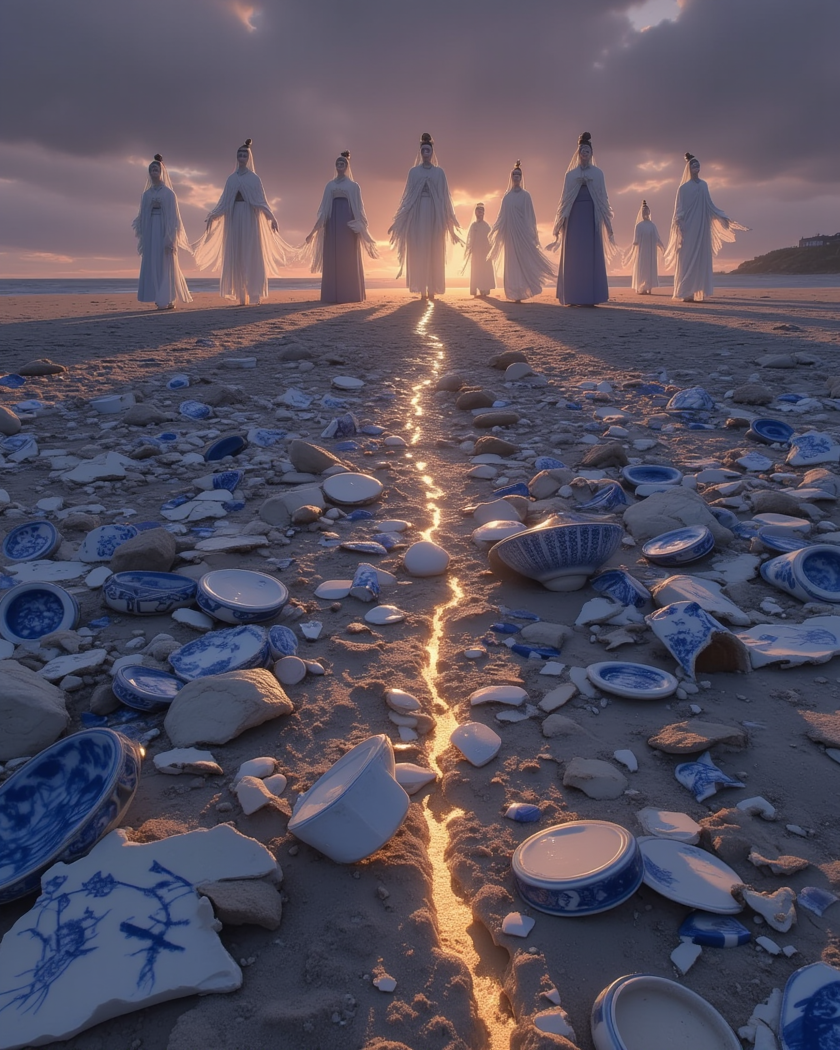 A desolate beach at dusk where the sand is replaced entirely by shattered Ming Dynasty porcelain fragments—blue and white shards, broken rim edges, sc