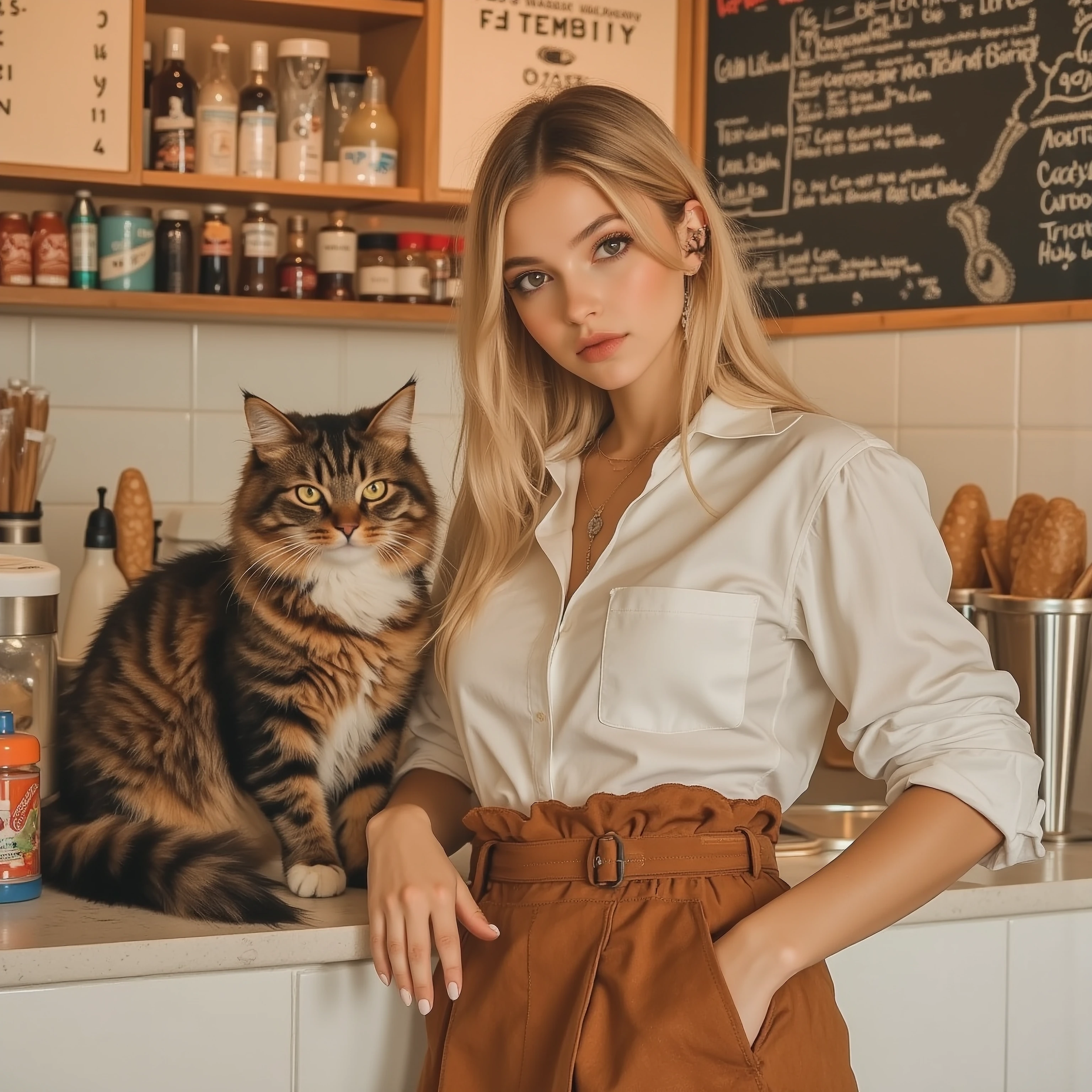 Beautiful blonde woman wearing a suede miniskirt in an ice cream shop with her cat