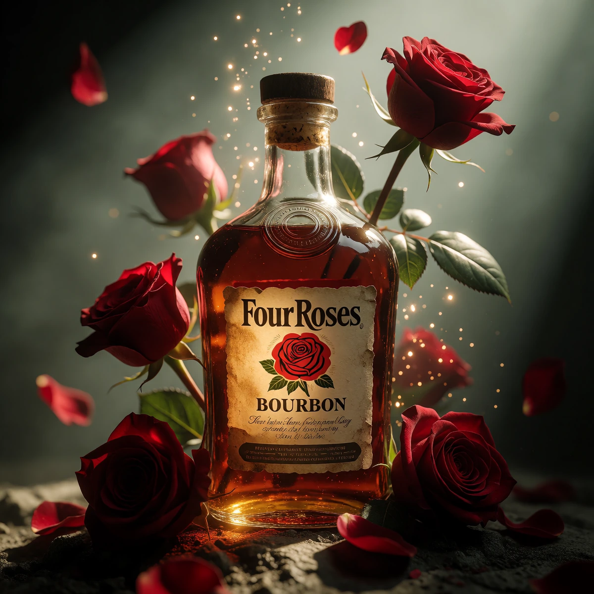A highly detailed, photorealistic macro still life depicting a vintage bottle of Four Roses bourbon resting on a grave in a southern Gothic crypt. The aged, off-white label, on which the inscription ‘Four Roses’, the central logo depicting a red rose