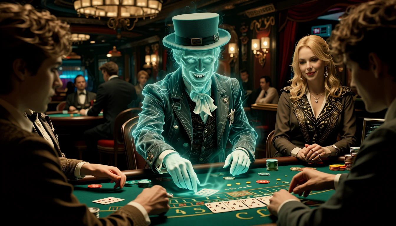 A glowing semi-translucent Ghost of a 19th Centaury Riverboat Gambler is playing Blackjack with Modern players with a bombshell blonde dealer in a classy modern casino.