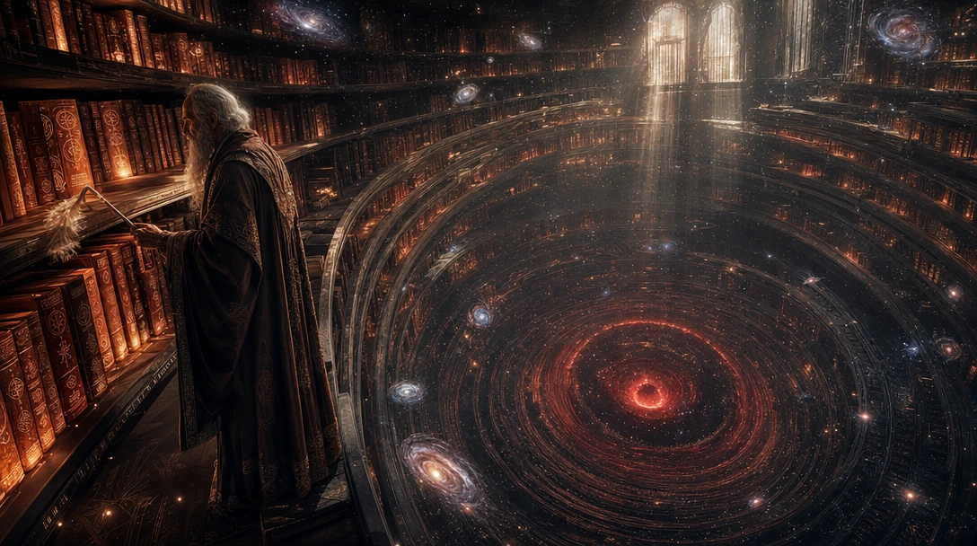 A colossal ancient library carved into the hollow interior of a dying star—shelves spiraling inward toward a collapsing core that pulses with deep crimson light. An elderly celestial librarian in flowing robes moves through the stacks, dusting books 