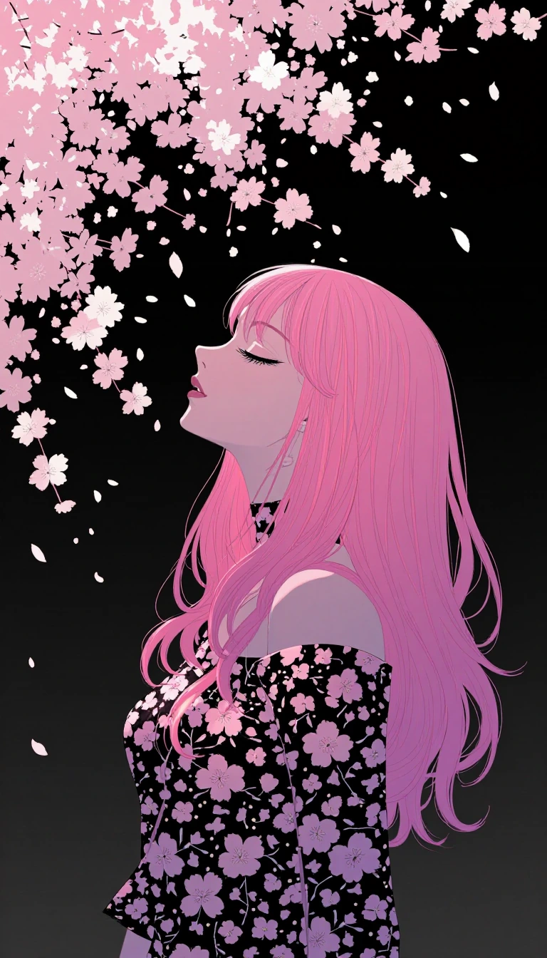blending, flat color, no lineart, negative space, 1girl, sakura miko, pink hair, cowboy shot, black shirt, print shirt, floral print, off shoulder, outdoors, cherry blossom, tree shade, wariza, looking up, falling petals, half-closed eyes, black back