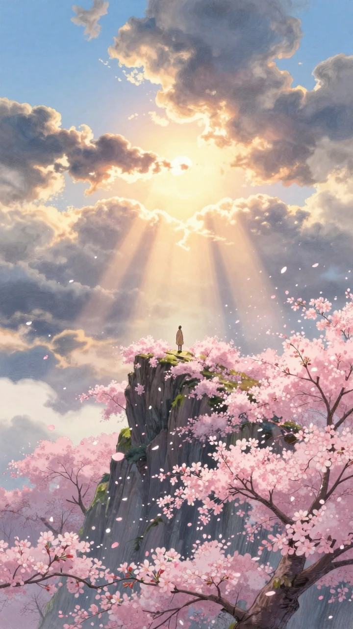 Dreamy 9:16 vertical fantasy scene, glowing cherry blossom-covered crystal mountain at sunrise, pink petals swirling in the wind around a lone figure on the cliff, soft golden light beams breaking through dramatic clouds, peaceful yet majestic mood, 