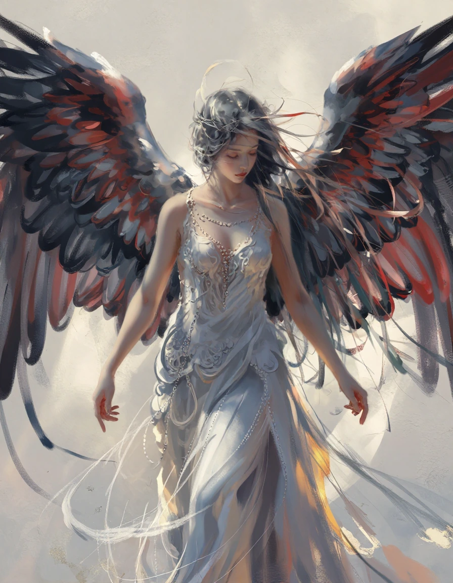 a highly detailed, digital painting depicting an angelic female figure, the figure is depicted in a flowing style, with intricate, flowing hair cascading down her back and shoulders, her wings are large and feathered, with a mix of black and red hues
