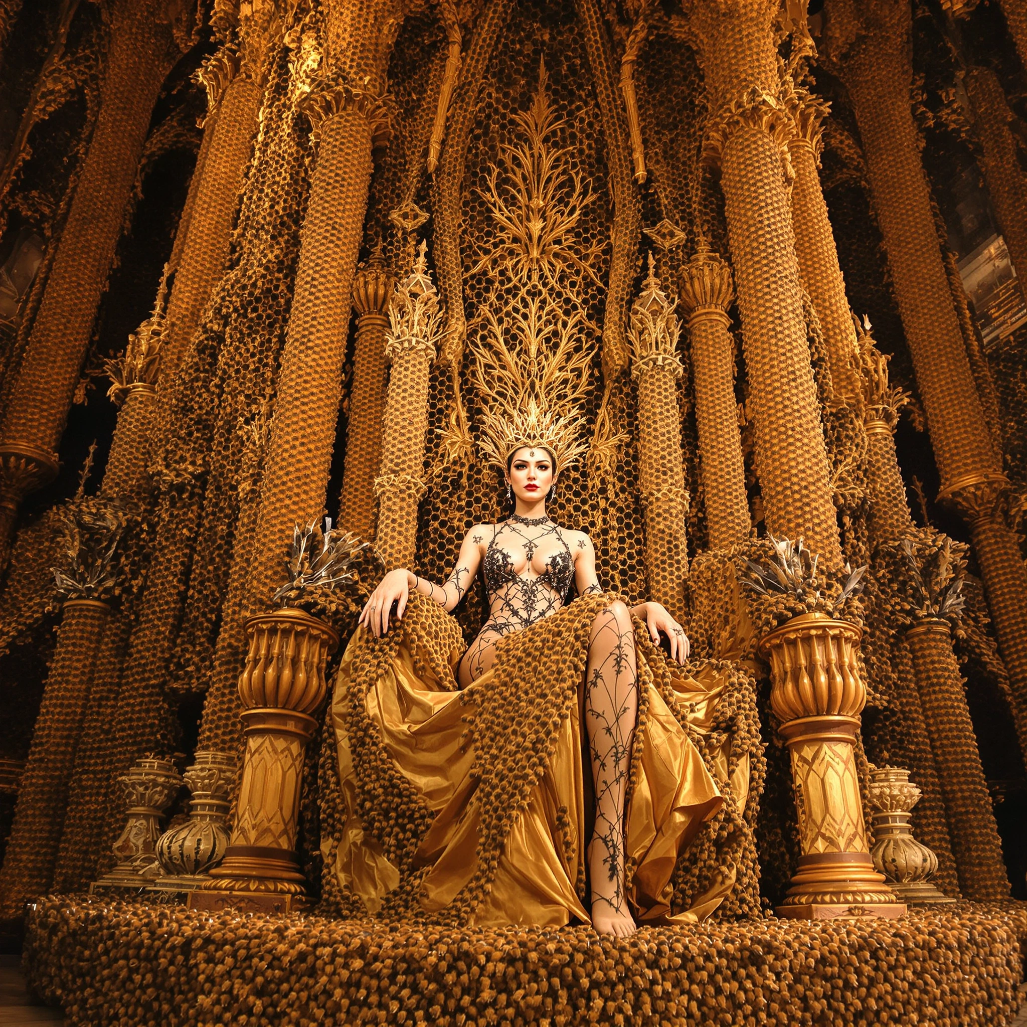 The Queen of the Living Hive At the exact center of an impossibly vast cathedral grown entirely by bees sits the Queen of the Hive, a magnificent woman-bee hybrid upon a colossal living throne woven from millions of bees. The throne is not carved—it 