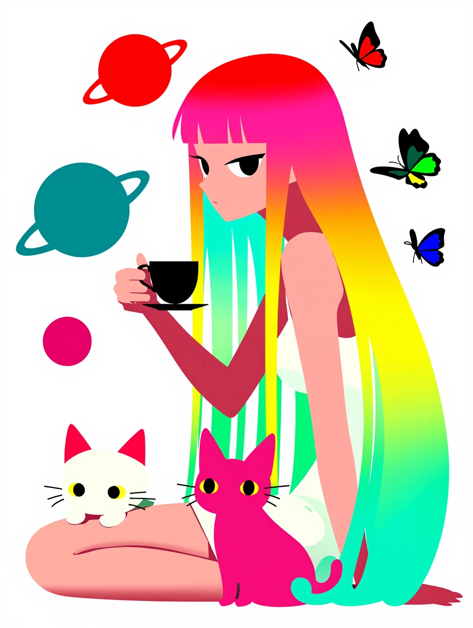 A beautiful woman with long straight ombre hair in springtime colors, sitting with two cats and a cup of coffee, colorful planets and butterflies floating overhead, watercolor manga style