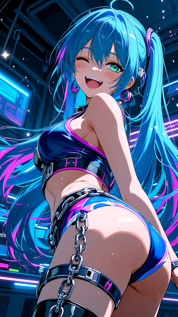Masterpiece, best quality, ultra-detailed 8K anime style, semi-realistic anime rendering, glossy skin with subtle sheen and light water droplets, dramatic cinematic lighting, vibrant colors, perfect anatomy, flawless proportions, highly detailed face