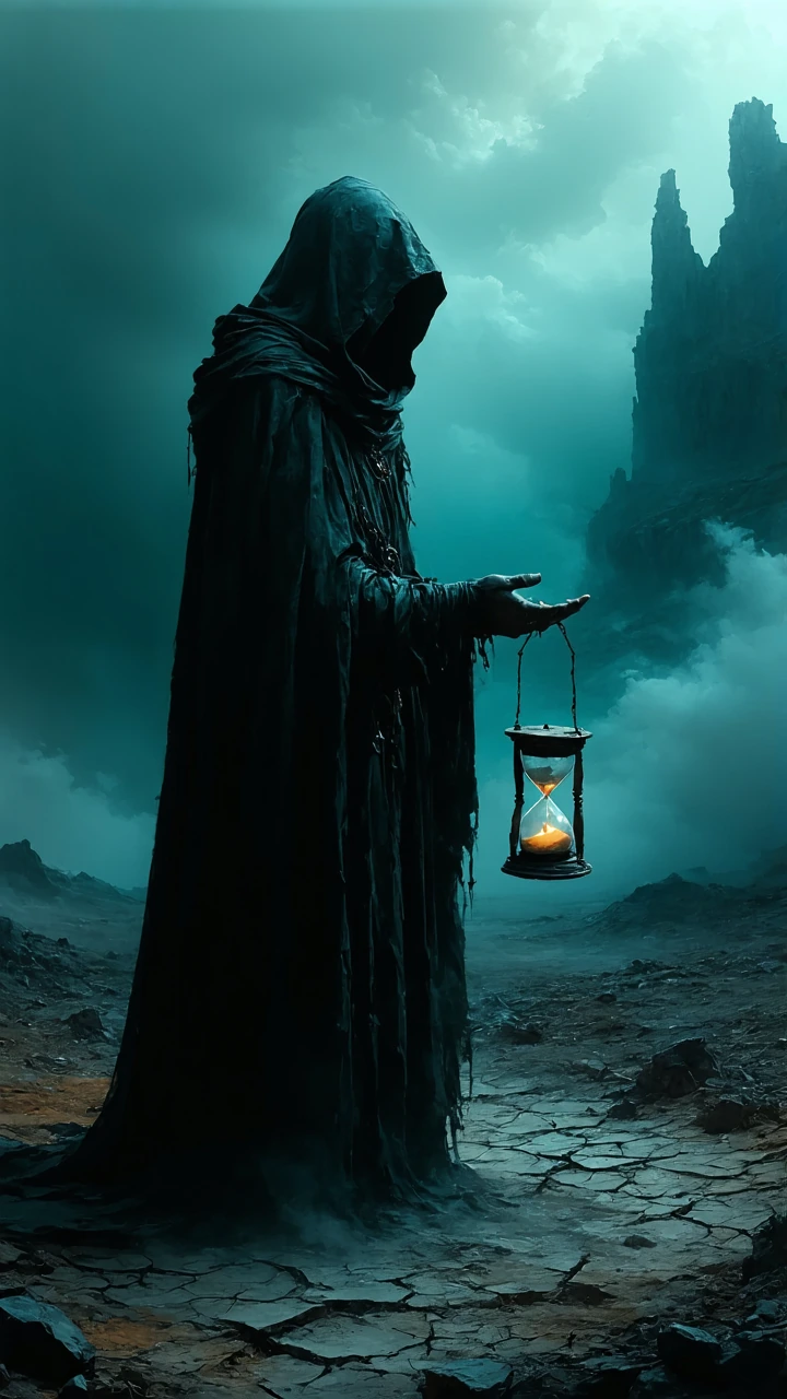 moody painterly dark fantasy landscape of hooded Death holding an ornate hourglass in his hand watching the sand fall. The figure’s black robe trails 