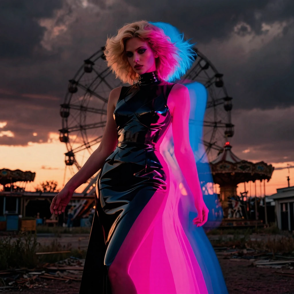 Angular female figure with sharp geometric features, wearing a glossy latex black dress with structural cutouts, voluminous blonde hair, bold graphic makeup, minimalist semi-surrealistic style. Color breakup in neon pink and electric blue, chromatic