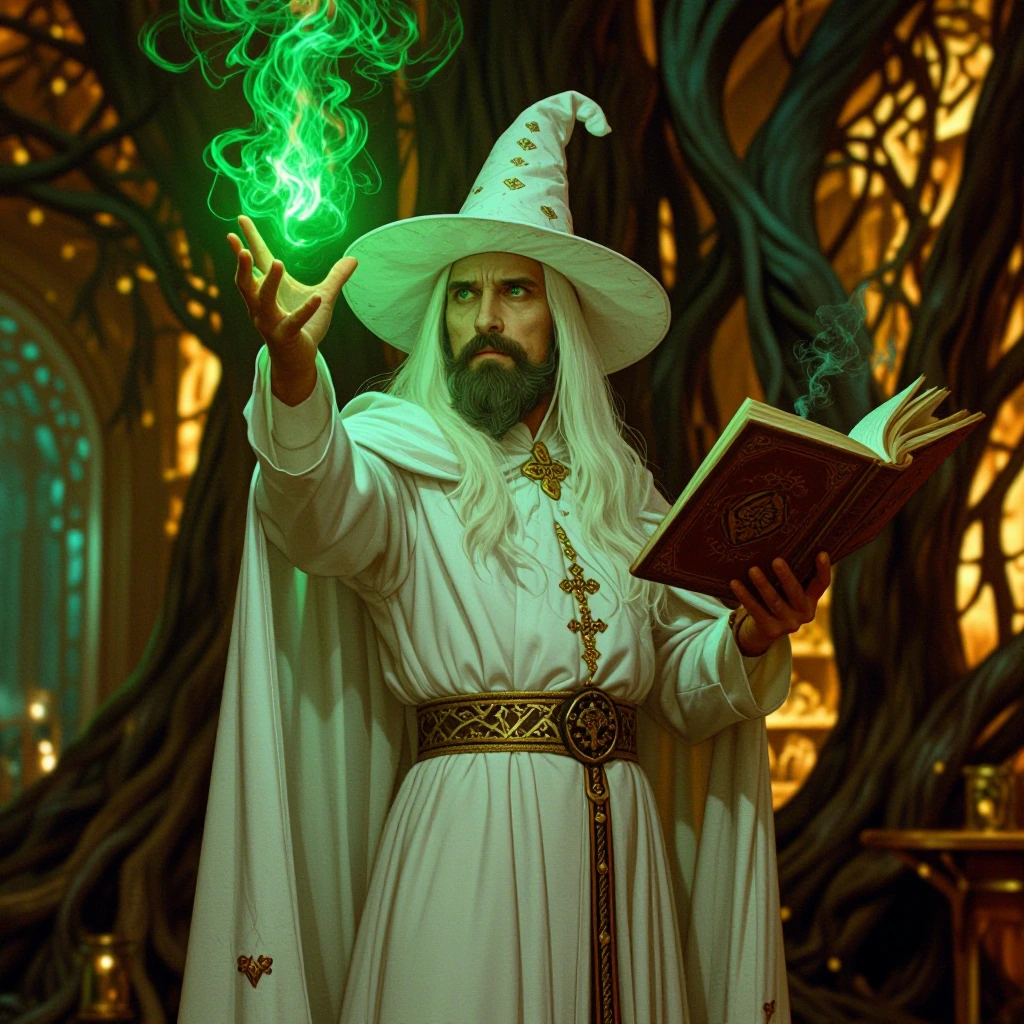 A charismatic druide, wearing a wizzards hat and cape all in white, casting a spell, holding an ancient book in his left hand, with his right hand he 