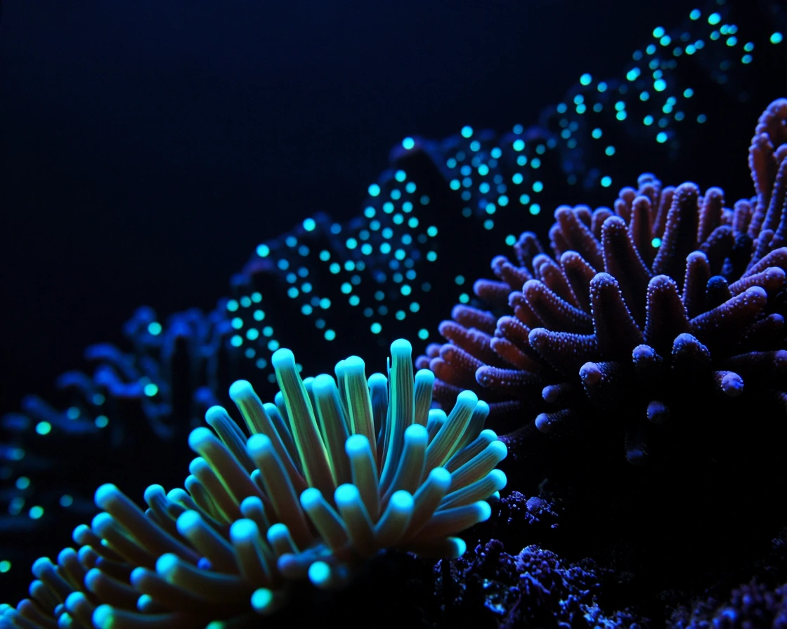 Macro close-up of bioluminescent coral polyps in extreme detail — individual tentacles glowing neon blue and electric cyan, their tips emitting visible light trails. Pull back to reveal a sprawling coral city built vertically across massive branching