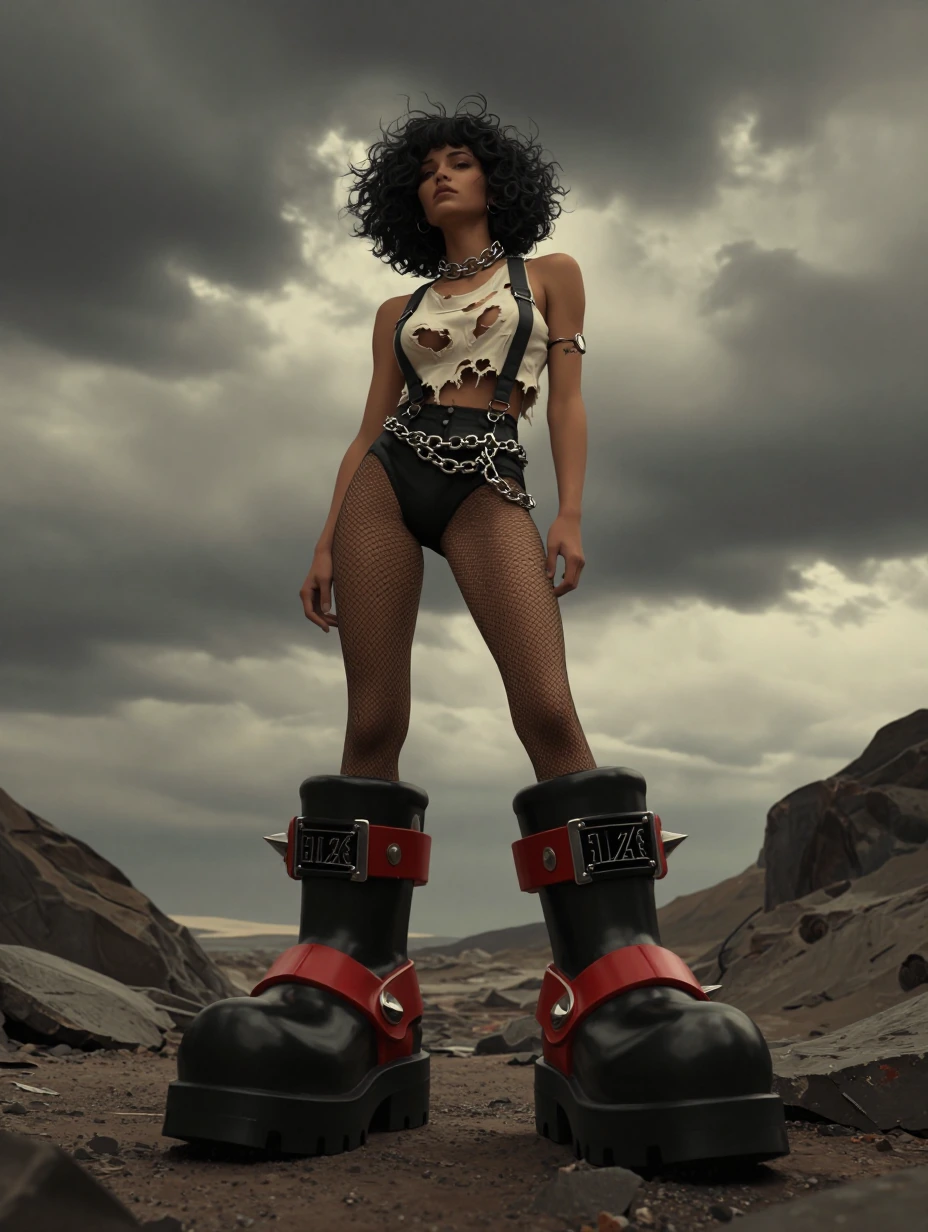 1girl huge black boots, spiked boots, red straps, black mirrorize logo on the side, fishnet leggings, torn t shirt halter, suspenders and chain belt. 