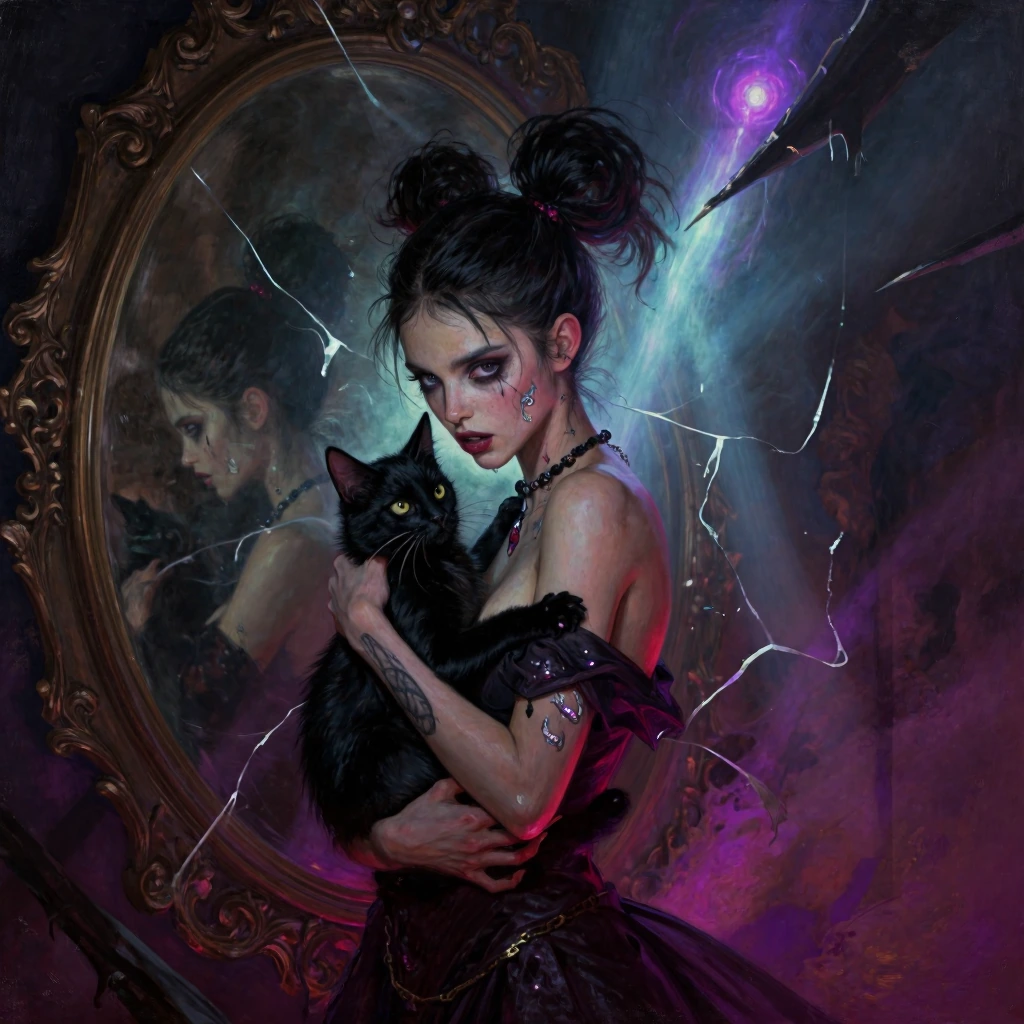 Le miroir est une faille, et le chaos, mon domaine. Dans le reflet brisé, Tristana avec son chat noir qu'elle tient dans ses bras ne contemple plus son image, mais l'orage qui, sous sa peau, refuse de s'éteindre.
