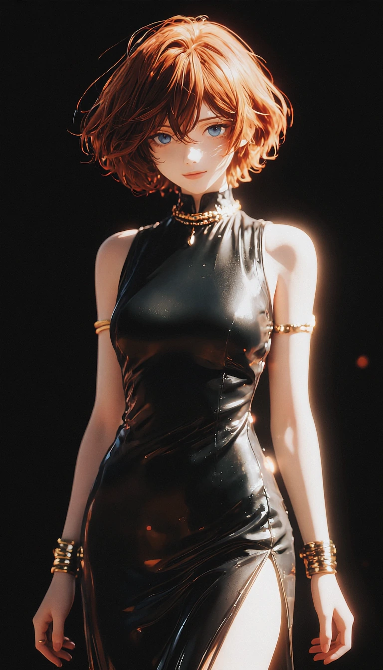 a digital drawing in an anime style, featuring a young woman with a fair complexion and short, wavy auburn hair. She has striking blue eyes and a gentle smile, she is wearing a sleek, black, sleeveless dress with a high neckline and a slit on the lef