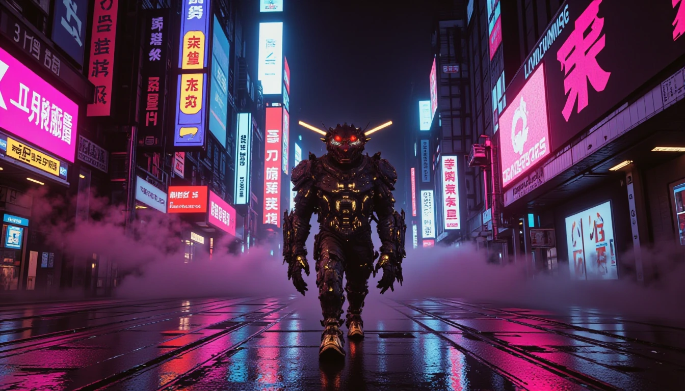 A majestic chupacabra walking through a rain-soaked cyberpunk city at night, neon signs reflecting in puddles, volumetric fog, dramatic rim lighting, cinematic photograph