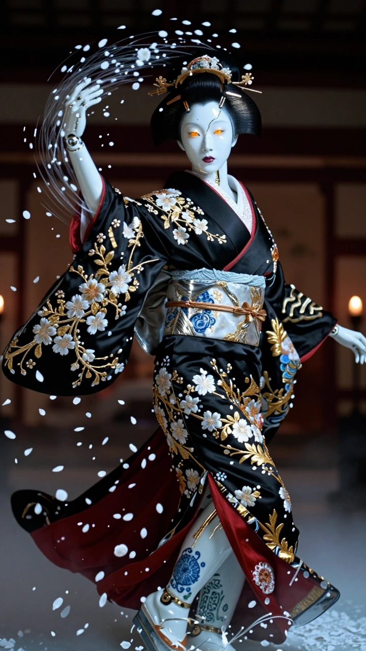 A cinematic, hyper-realistic masterpiece of a high-tech Geisha Automaton captured mid-performance. She is a fusion of ancient artistry and futuristic engineering. Her face and exposed joints are crafted from exquisite, translucent white eggshell por