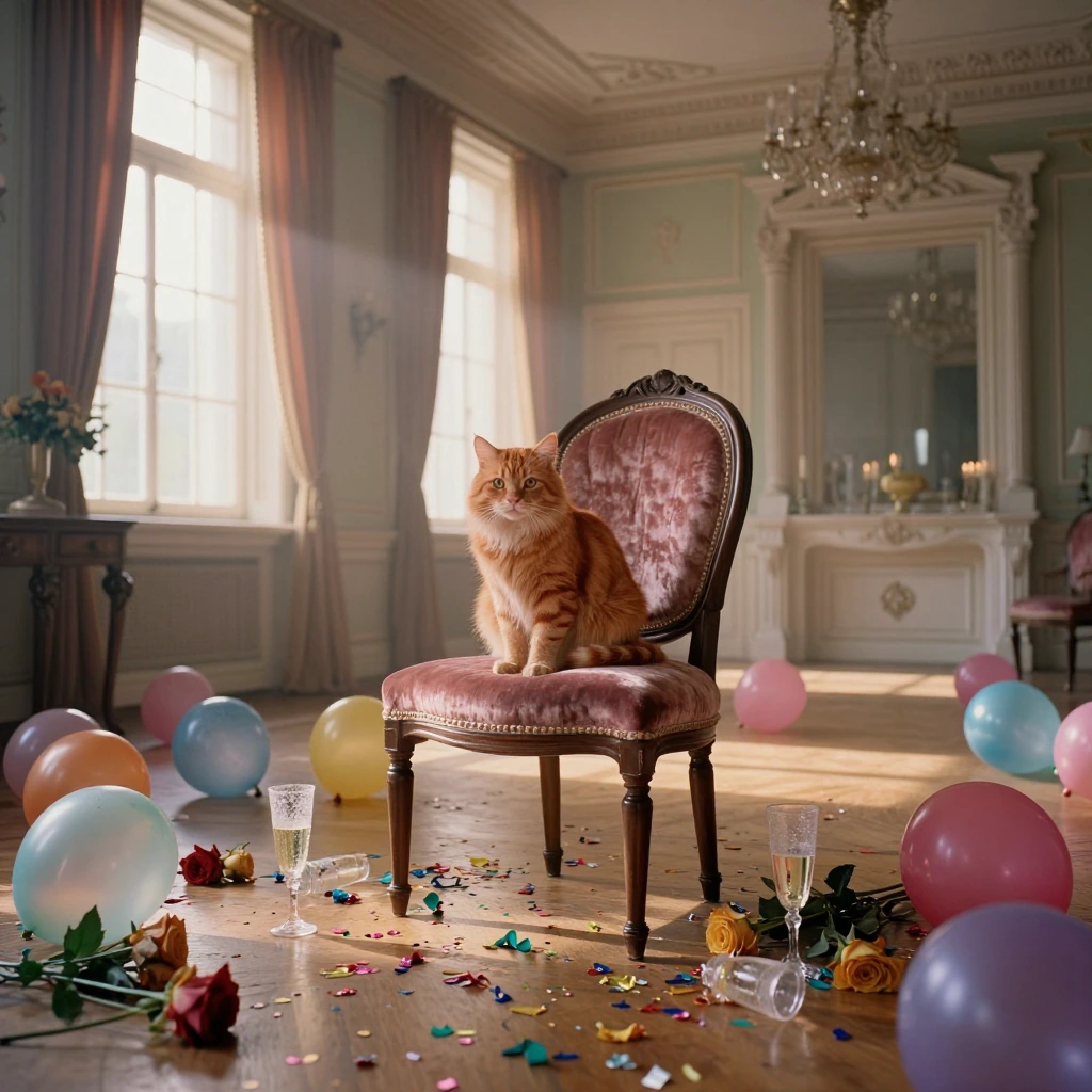 A ginger cat sits on an empty velvet chair in a grand ballroom filled with wilted flowers and deflated balloons, surrounded by frozen champagne glasses and abandoned confetti, painted in impossibly vivid jewel tones, soft golden light streaming throu