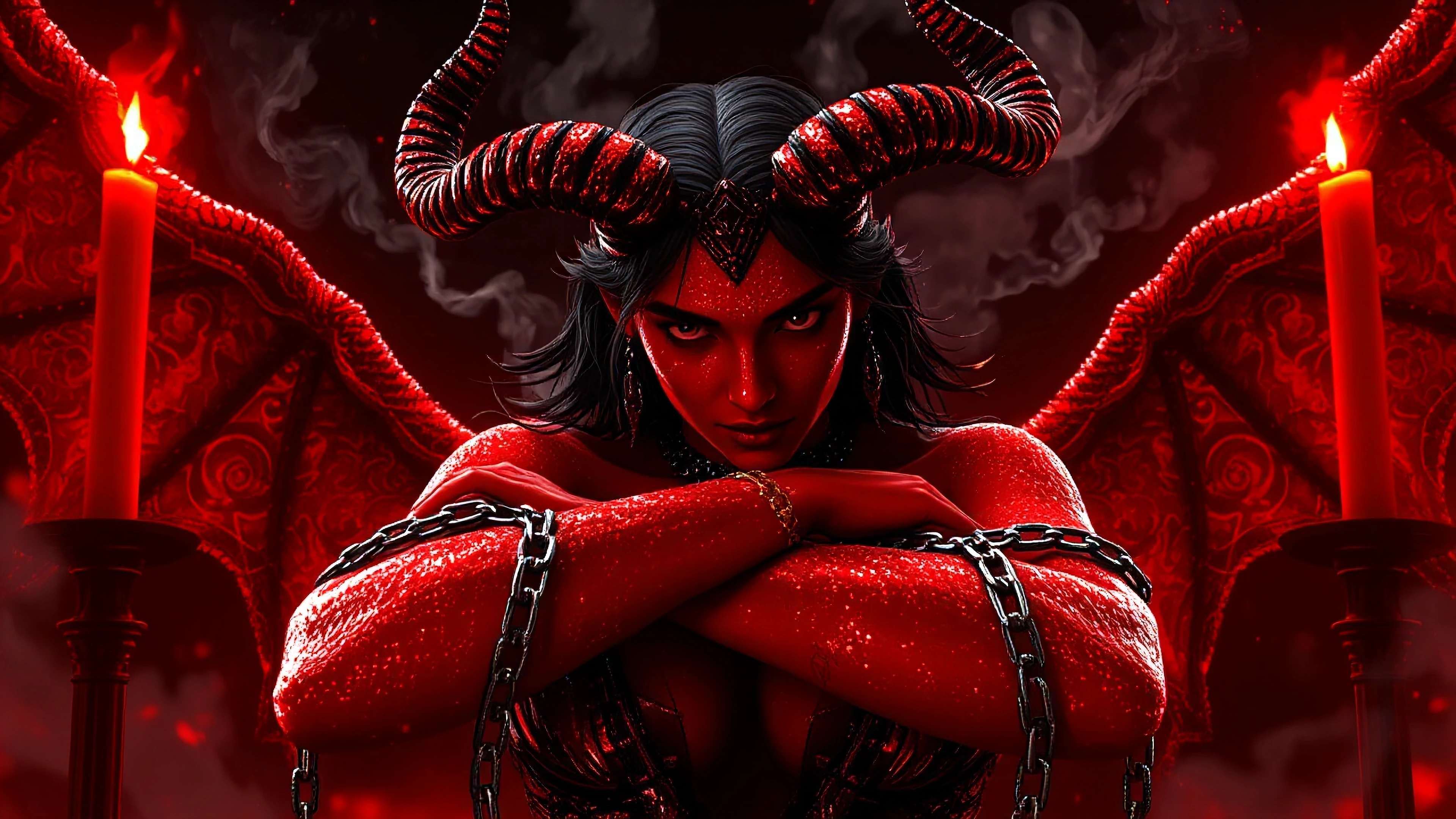 A succubus with chains, loosely wrapped around her arms, leans forward seductively, its horns sparkle under candlelight. Smoke and sigils float in the air. Visualized in digital fantasy realism, skin glitter, surrounding red glow. 8 k, and supernatur