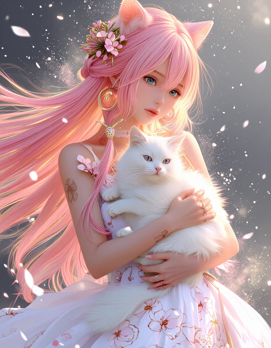 # Cherry Blossom Enchantment An ethereal anime character with flowing pink and golden ombre hair gazes serenely, her striking blue eyes framed by deli