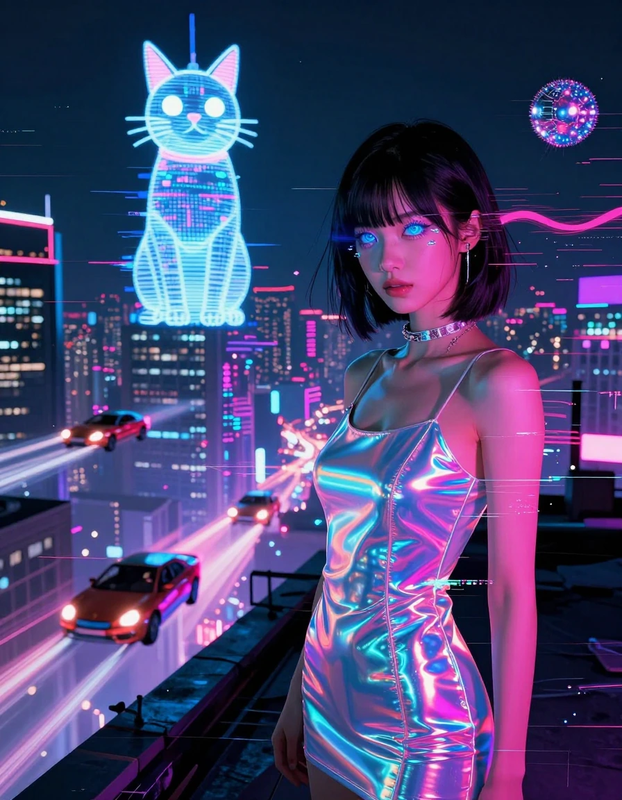 A neon-lit cyberpunk city at midnight, manga 3d airbrushed, flying cars streaking by, a giant holographic cat on a skyscraper, and a closeups beautifu