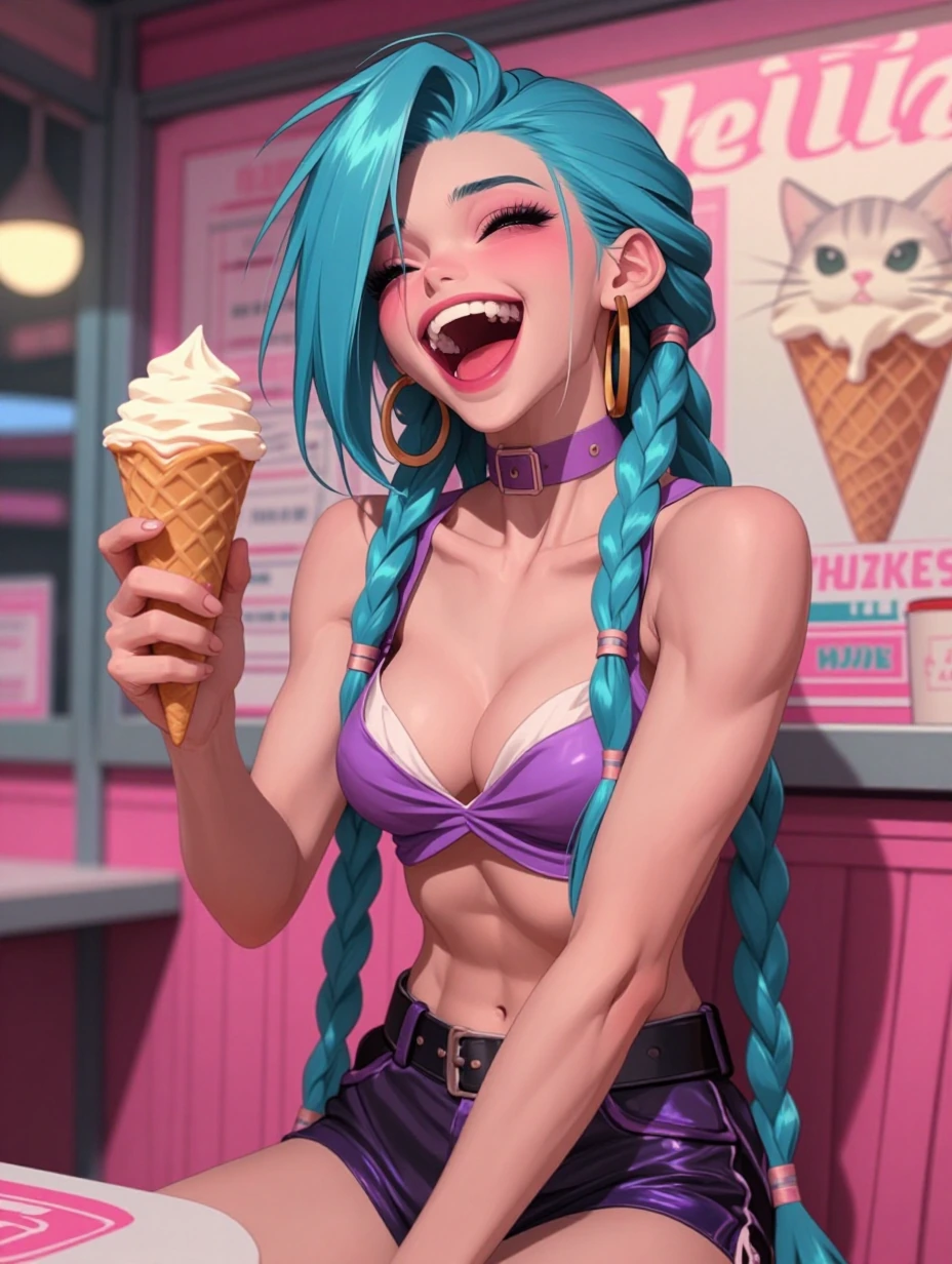 Beautiful jinx, laughing out loud, with a cat, ice cream shop, 80s anime style, muscular
