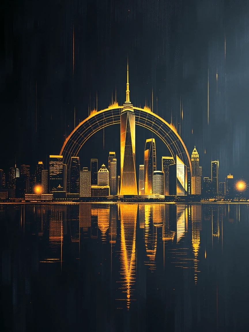 A luxury gold glowing city skyline on a pitch black canvas, dramatic metallic reflections, (sharp gold lines:1.2), flat design, no watermarks, masterpiece.