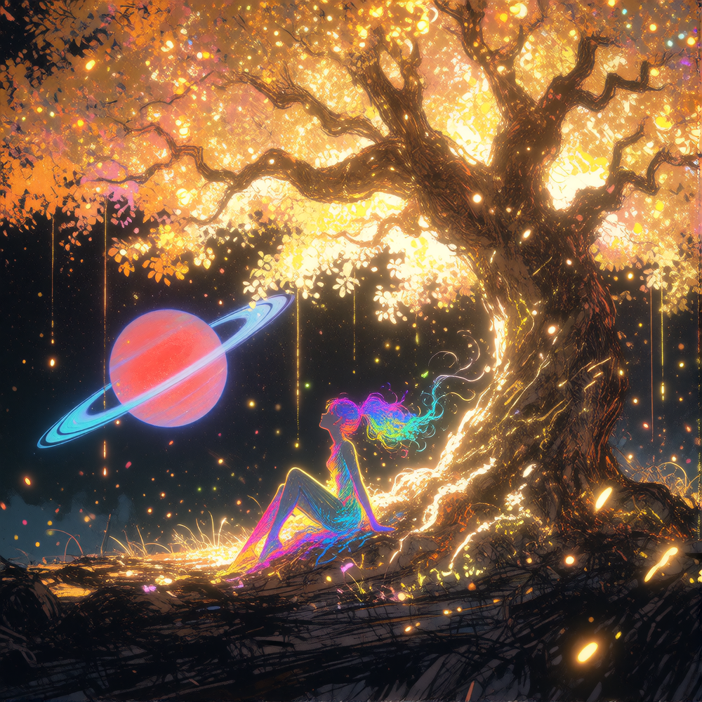 zoomed in, extremely detailed, the colorful rainbow gradients silhouette of flares and whisps of a woman with a ponytail, sitting gracefully under a m