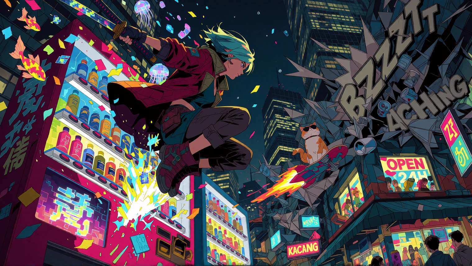 Capture a hyper-kinetic anime splash-page moment: a teal-haired girl in a billowing crimson coat leaps off a shattering neon vending machine mid-explosion, confetti of glowing kanji characters and holographic koi fish swirling around her like debris