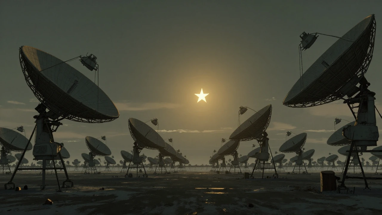 A sprawling desolate expanse at crepuscular hour carpeted with hundreds of oxidized parabolic antenna arrays, each inclined at fractionally divergent vectors toward a singular point in the tenebrous vault where a solitary luminous star materializes—i