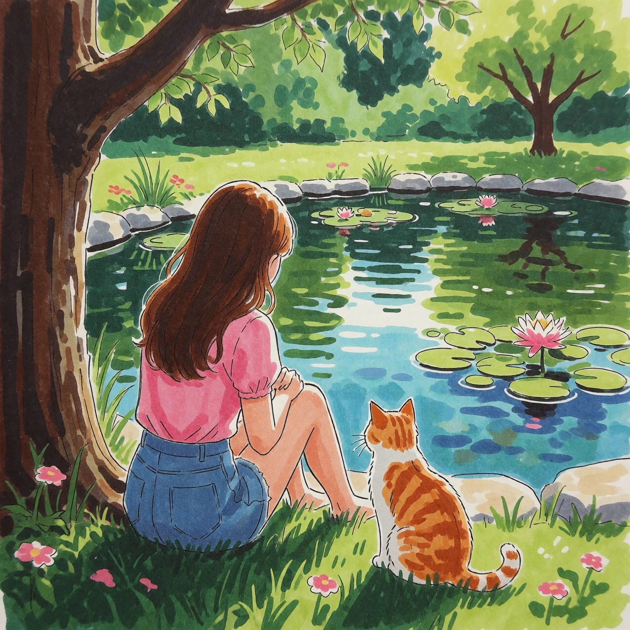 marker drawing of woman sitting by the pond with her cat