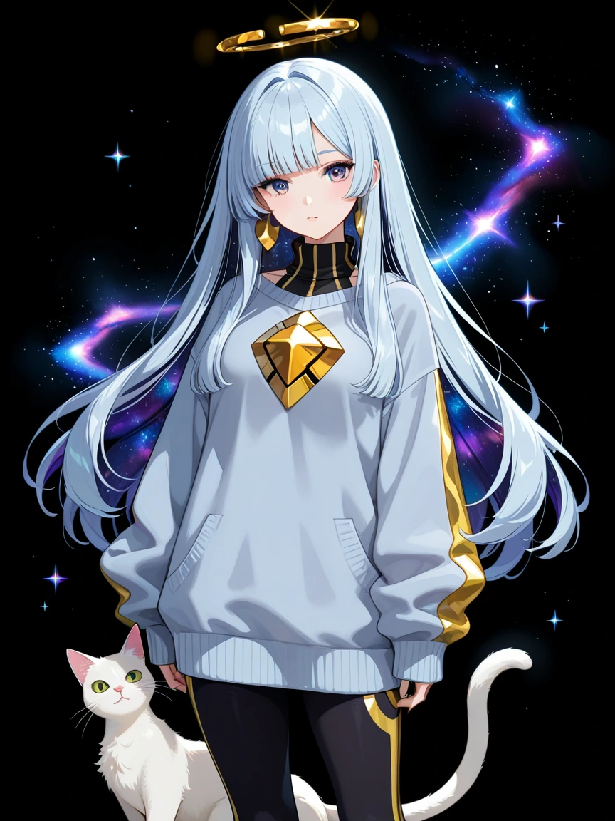 Woman platinum blue ombrΓ© hair, with a cat, leggings and oversized sweater , galaxy gold black background