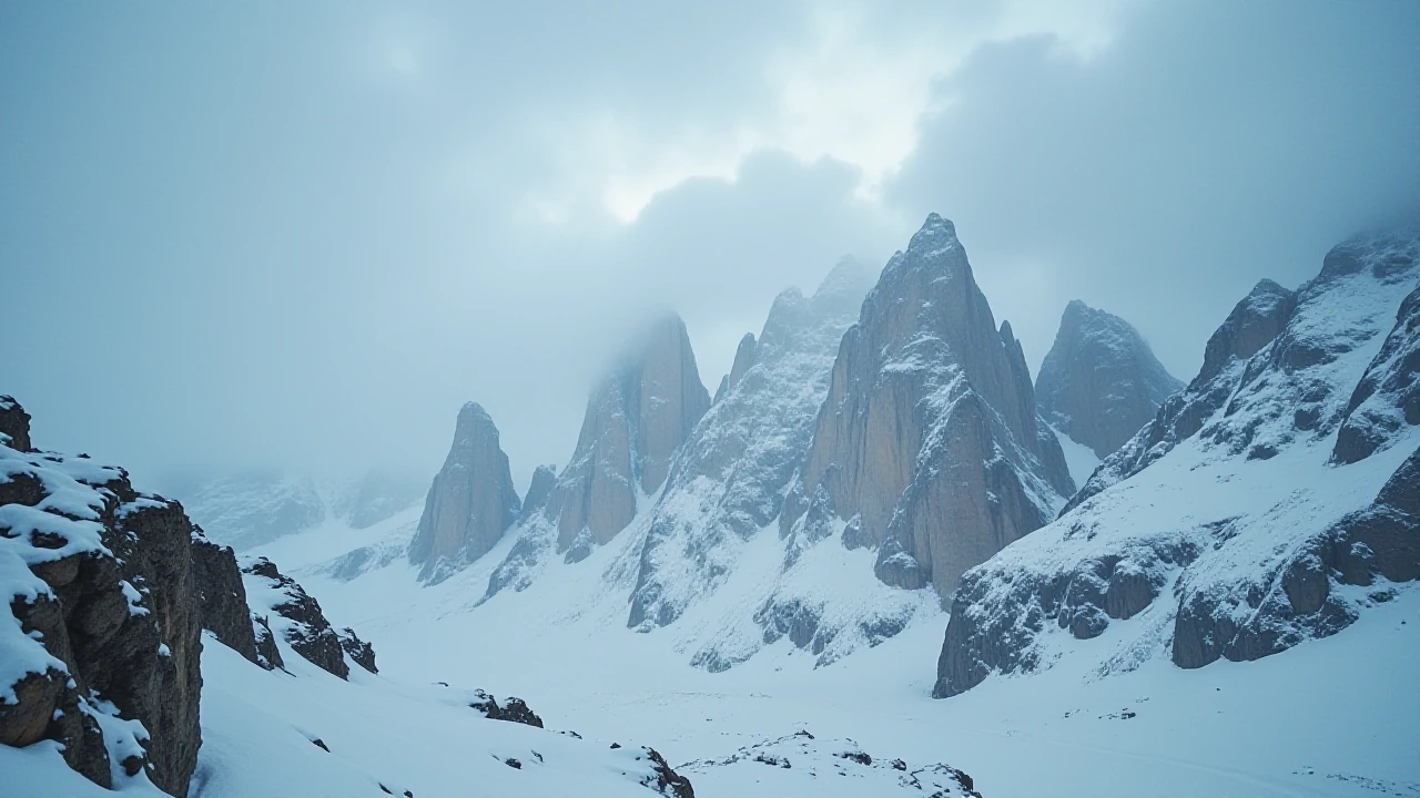 Cinematic moody atmospheric wide landscape of intense blizzard over jagged mountain peaks with heavy snow and wind, dramatic whites and cool blues, high contrast, raw storm power, no people, no text, wide banner composition, aspect ratio 3:1 –ar 3:1