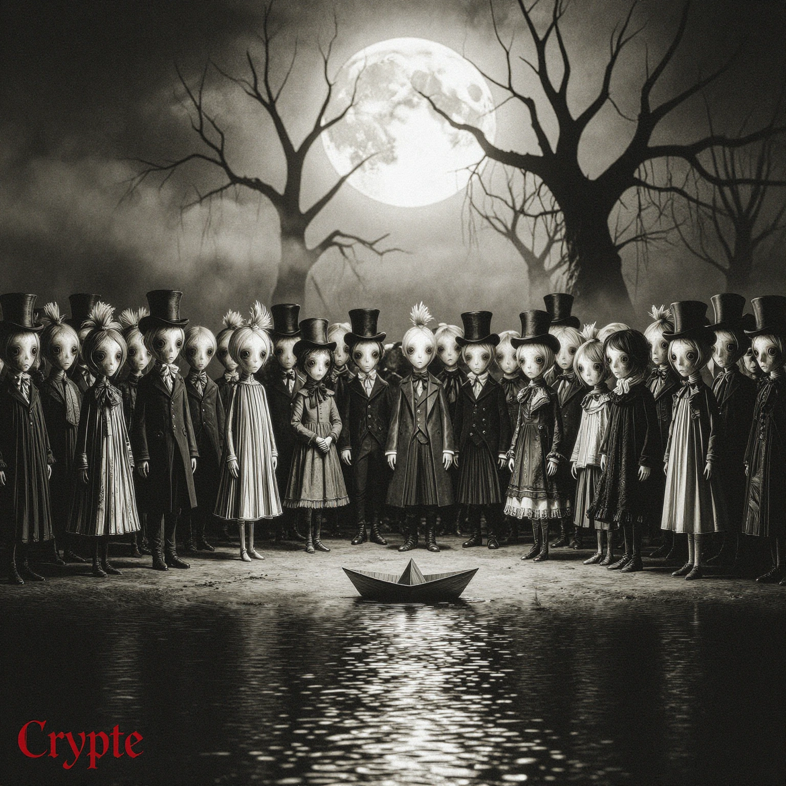 A dark, spellbinding and surreal cinematic painting, in the characteristic style of Mark Ryden and Victorian Gothic art. In a misty, moonlit landscape