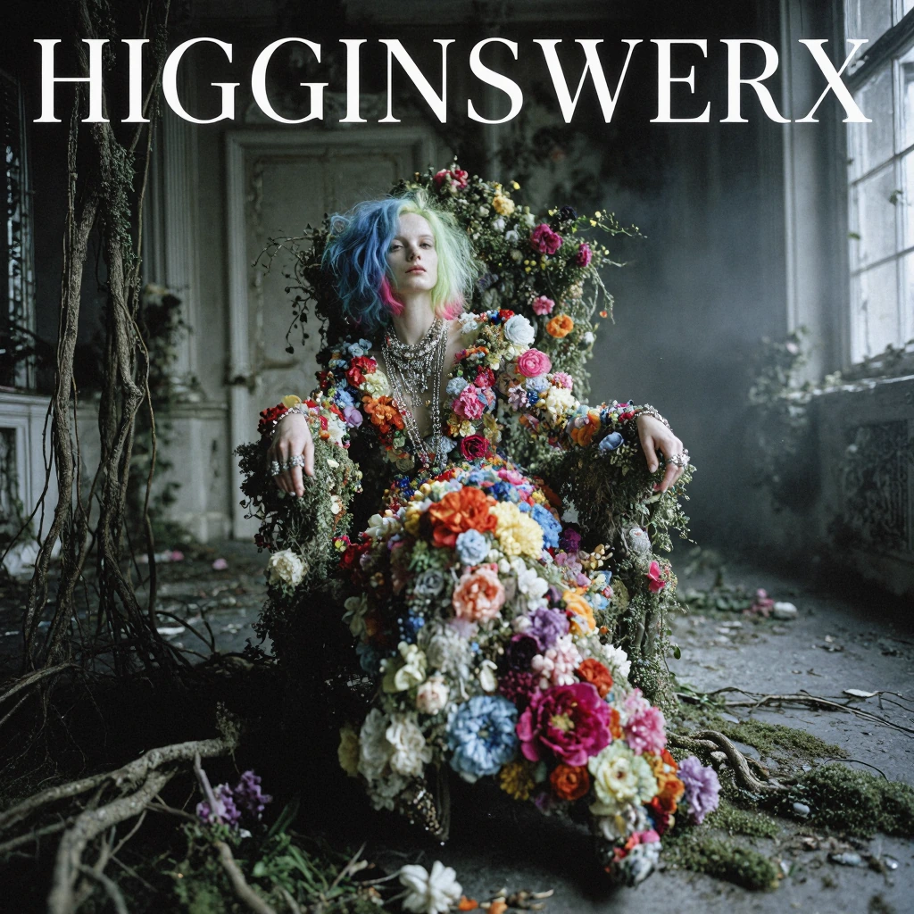 A high-fashion editorial photograph of a beautifu; model. She is wearing an extravagant avant-garde sculptural gown made of natural flowers of varied vibrant colors of the rainbow, scattered throughout, like fabric. She is wearing intricate silver ne