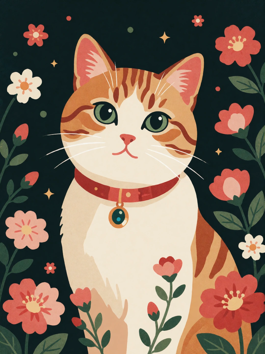 Flat illustration, beautiful cat, floralpunk, elegant