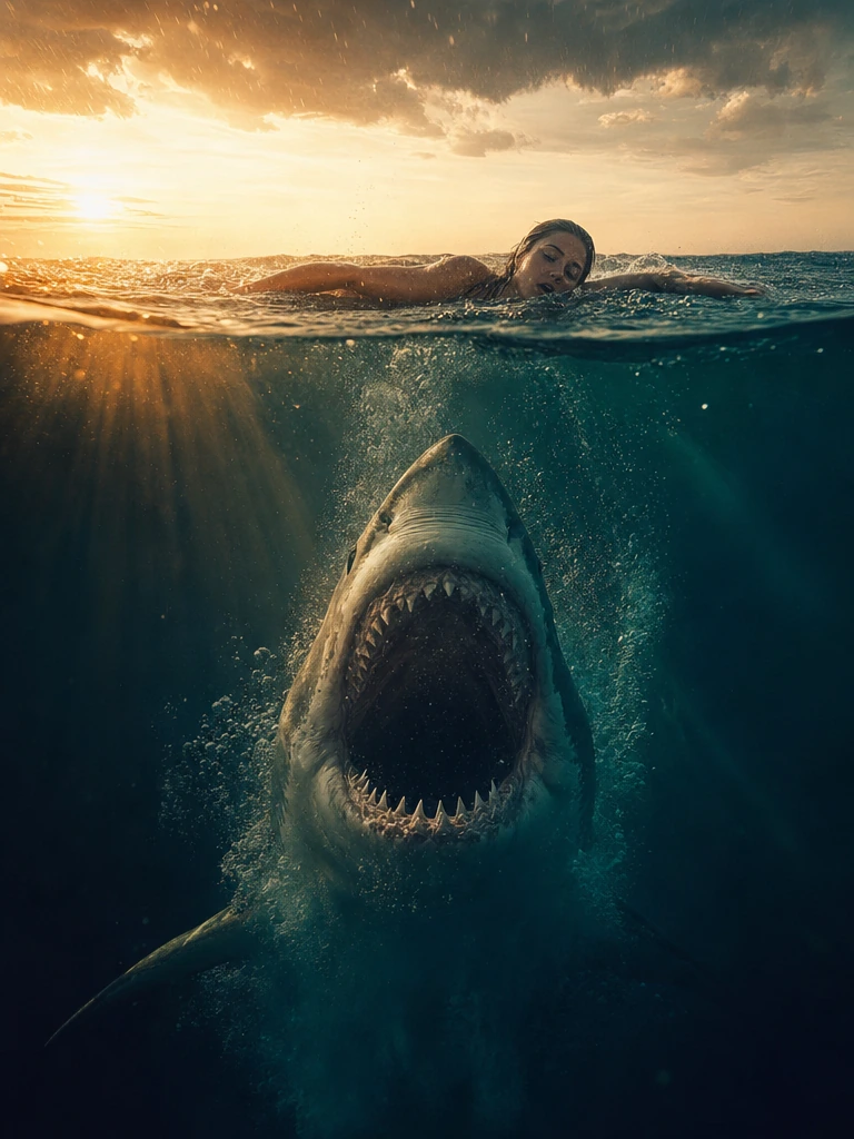 Cinematic split-screen ocean photograph, camera positioned exactly at the waterline dividing air above and sea below, dramatic teal-and-orange film grading with deep contrast and oppressive atmosphere. Above water: a female swimmer mid-stroke at the