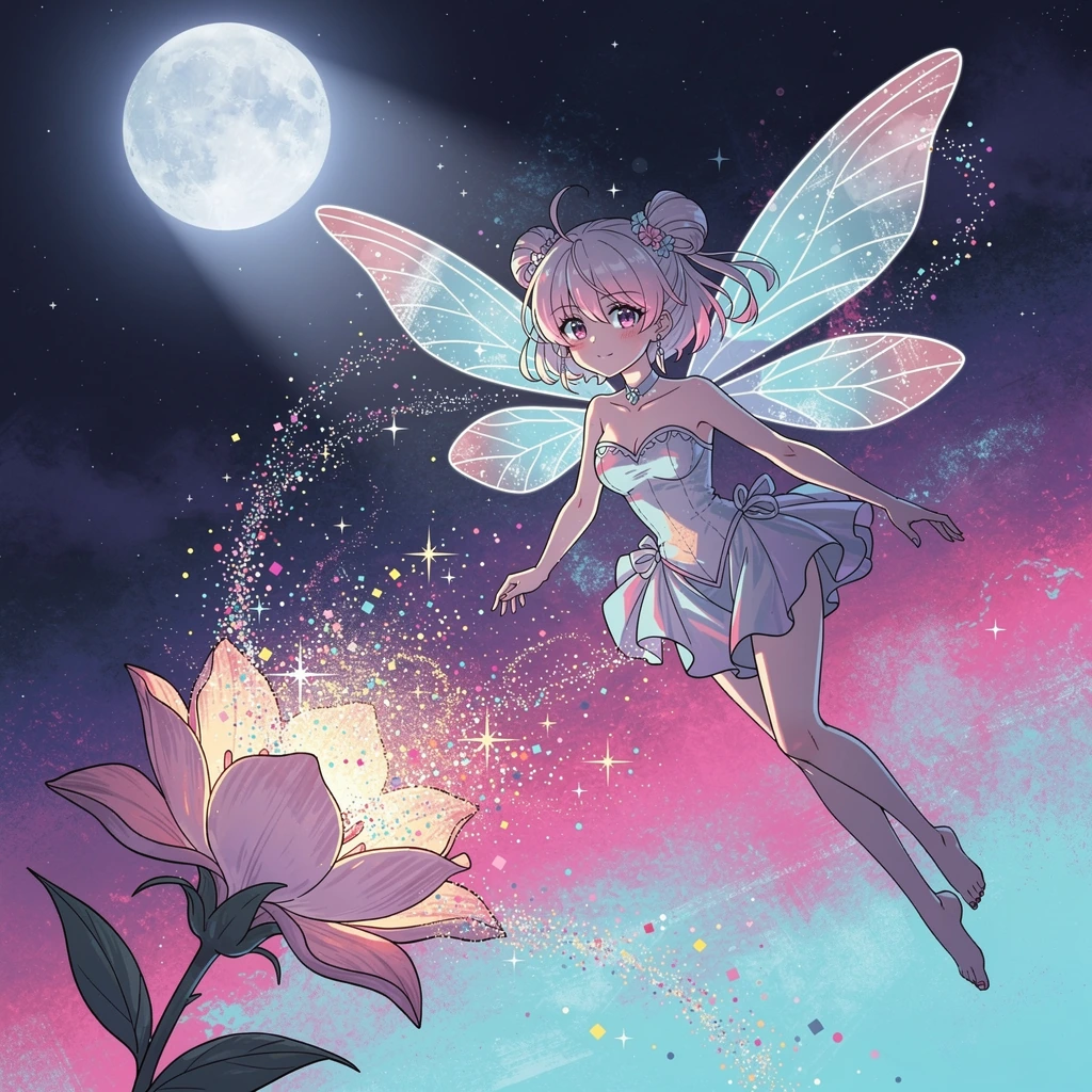Beautiful ethereal fairy, luminous and wings shine in the moonlight as she floats beside a flower