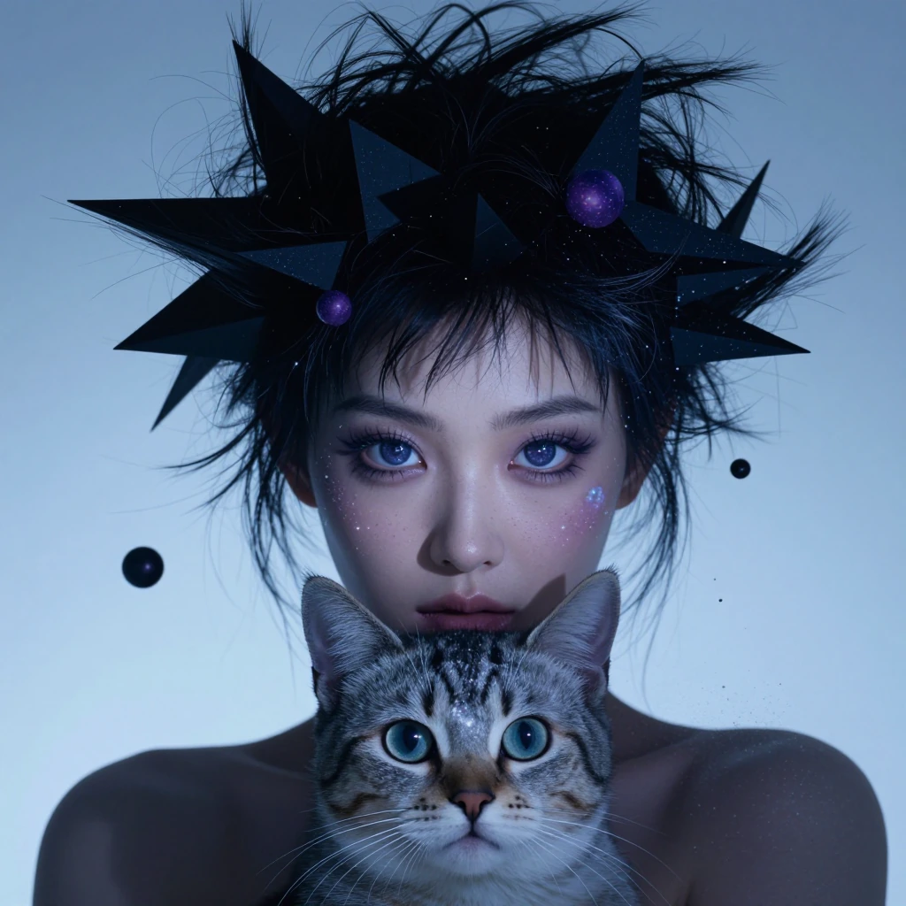 Close-up portrait of a woman with wild, asymmetrical hair sculpted into sharp geometric shapes and floating spheres, her eyes reflecting distant galaxies, delicate wisps of cosmic dust surrounding her face, cradling a wide-eyed kitten with fur that m