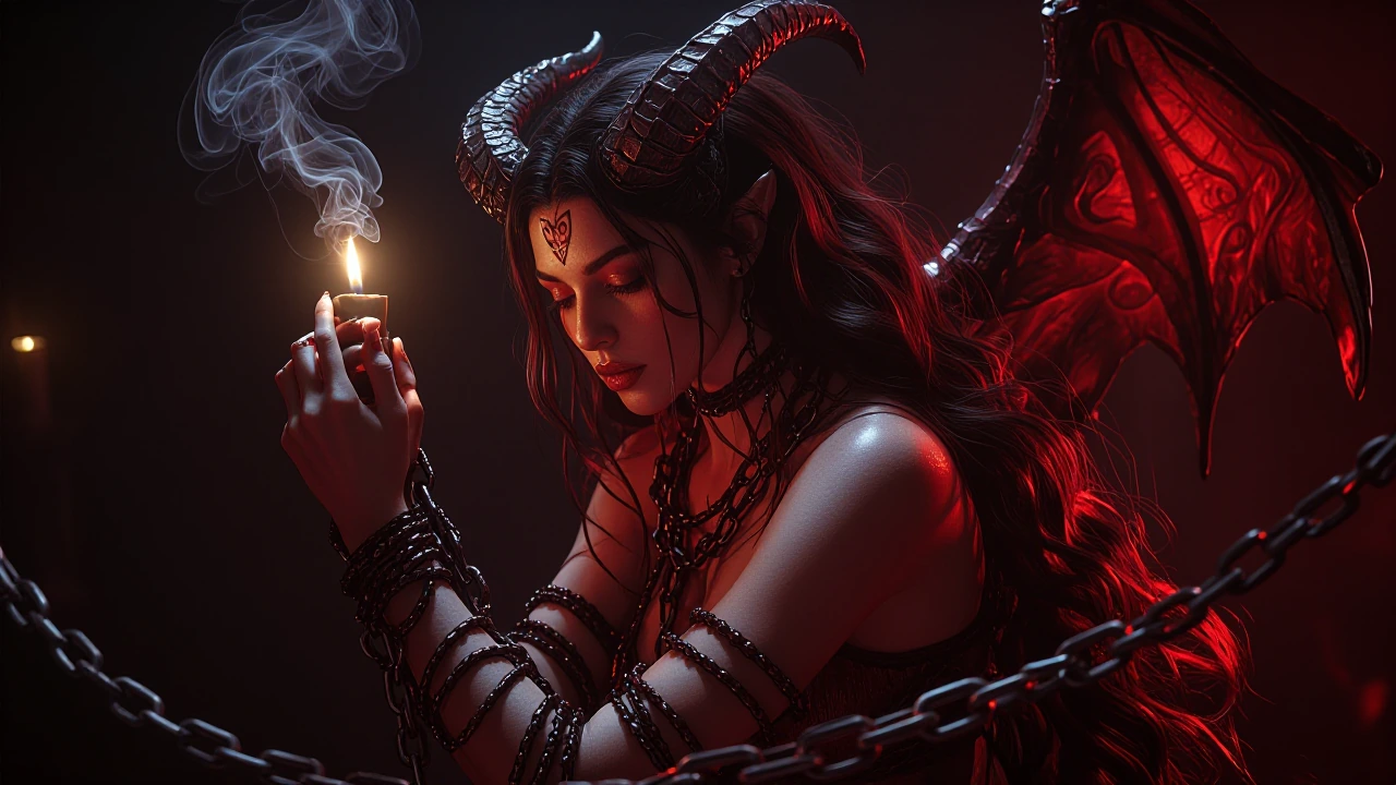 A succubus with chains, loosely wrapped around her arms, leans forward seductively, its horns sparkle under candlelight. Smoke and sigils float in the air. Visualized in digital fantasy realism, skin glitter, surrounding red glow. 8 k, and supernatur