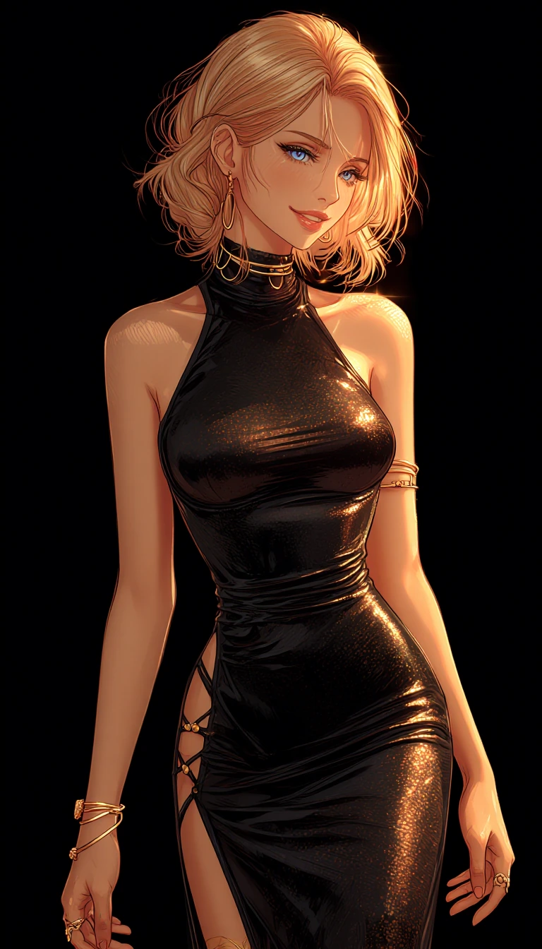 a digital drawing in an anime style, featuring a young woman with a fair complexion and short, wavy blonde hair. She has striking blue eyes and a gent