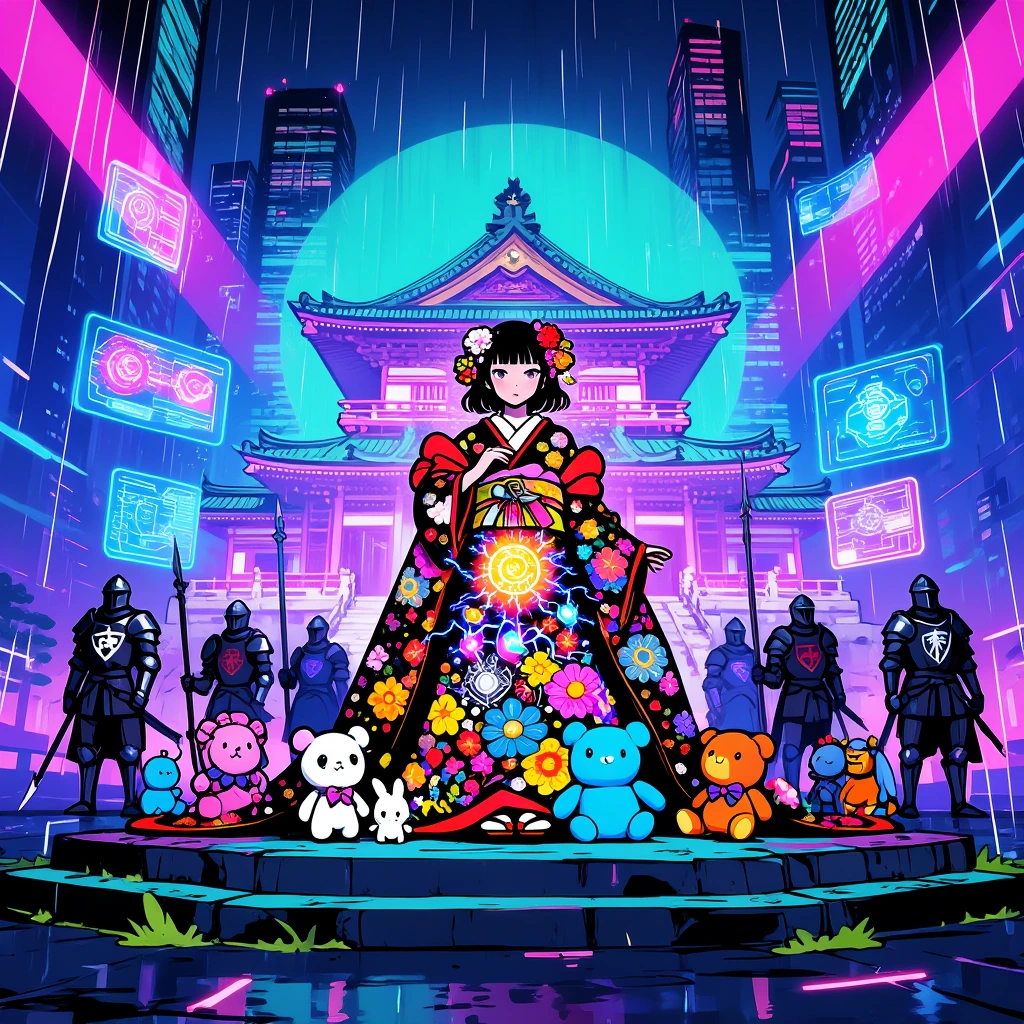 21h surreal dream of a beautiful japan 18 yo woman in extreme beautiful ornamented kimono, fantasy world with teddies, cute animals, flowers,