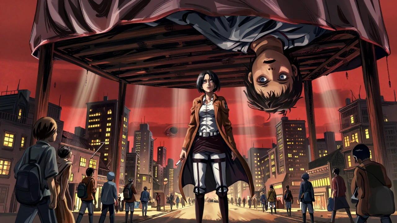 Cinematic framed keyframe in a bold, unorthodox, hand-drawn avant-garde graphic novel style that fuses the raw psychological scale horror of Attack on Titan with the intricate, lived-in urban detail of classic 90s anime cityscapes, rendered entirely 
