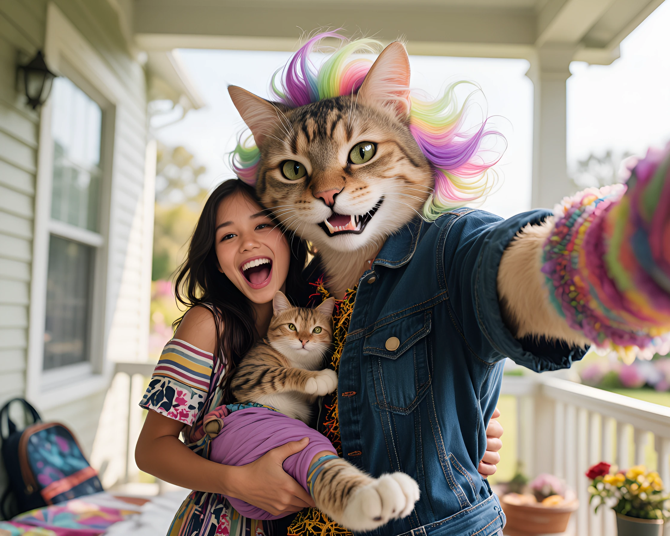 Crazy human-like cat with pastel hair,the cat takes a selfie while holding a woman in her arms on her front porch getting ready to head out to go to her daughter’s for some fun.😂