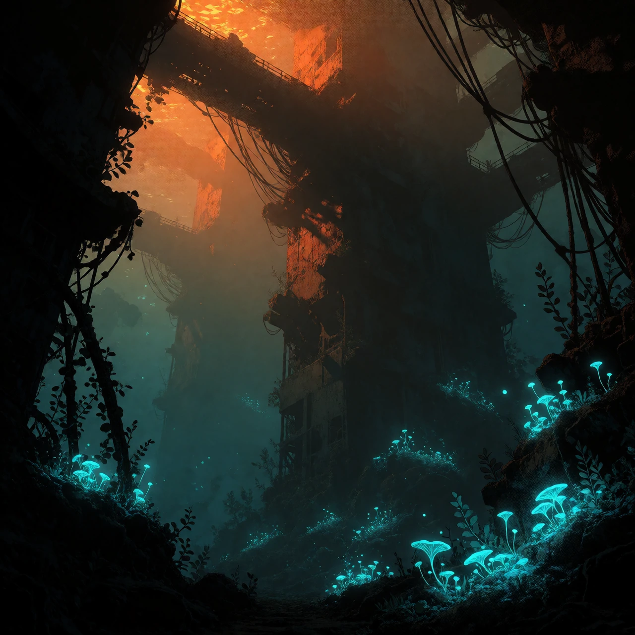 A massive, skeletal megastructure submerged in polluted, murky water. The scene is dominated by colossal, derelict concrete towers and rusting cables draped like aquatic vines. Limited visibility due to deep volumetric fog and particulate matter susp