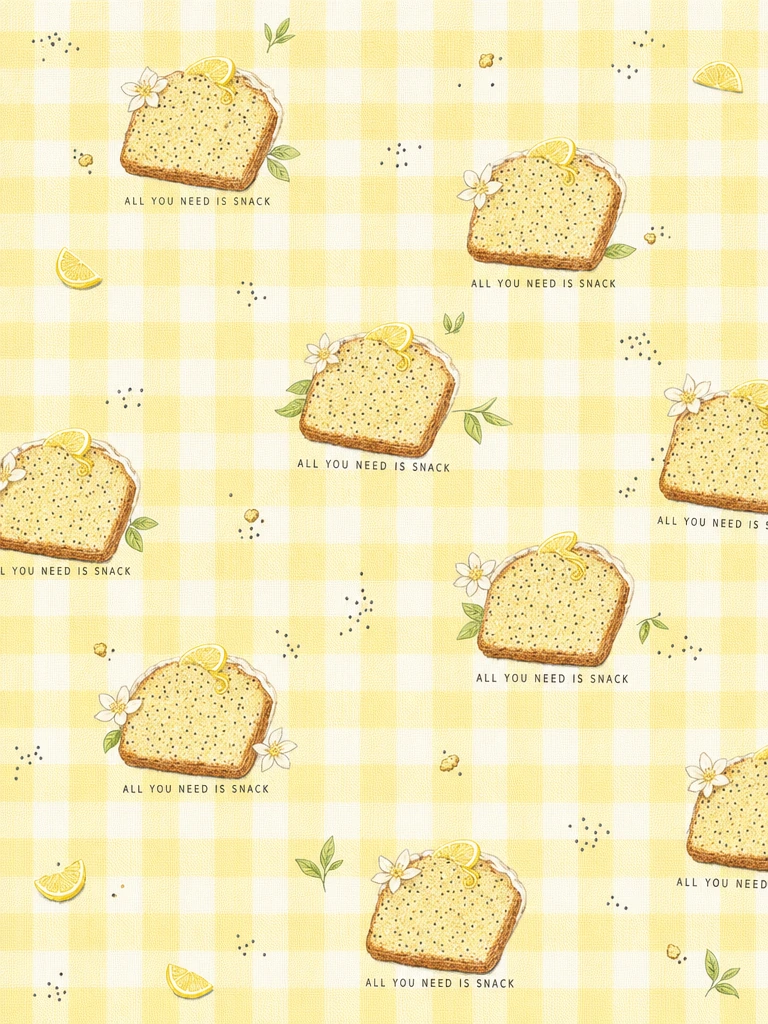 A seamless vintage gingham bakery repeat pattern, lemon pale yellow and bone white woven plaid textured base, scattered hand-drawn rustic lemon poppy seed bread slices, tiny scattered poppy seed crumb accents, smooth thin bright sans-serif text "ALL
