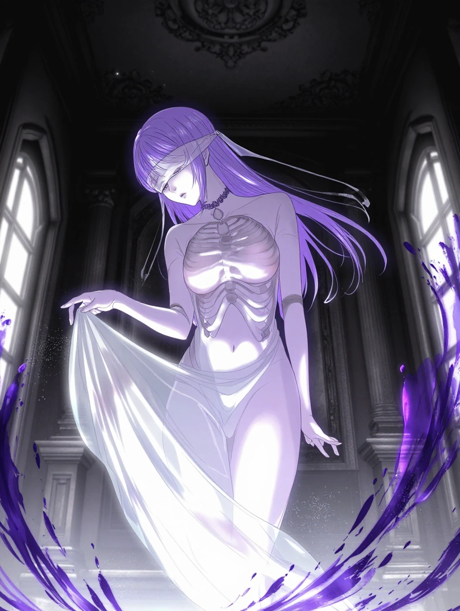 Ethereal undead woman with pale lavender-tinted translucent skin, medium slender build, floating gracefully indoors, sad melancholic expression, hime 
