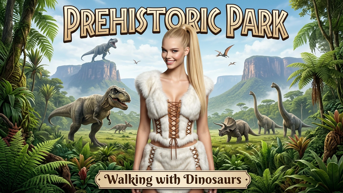 A tourism advert offering Prehistoric holidays, The title is "Prehistoric Park", The Tagline at the bottom is "Walking with Dinosaurs". In the centre a stunning blonde bombshell woman with ice blue eyes, ultra-long blonde hair styled into a high pony