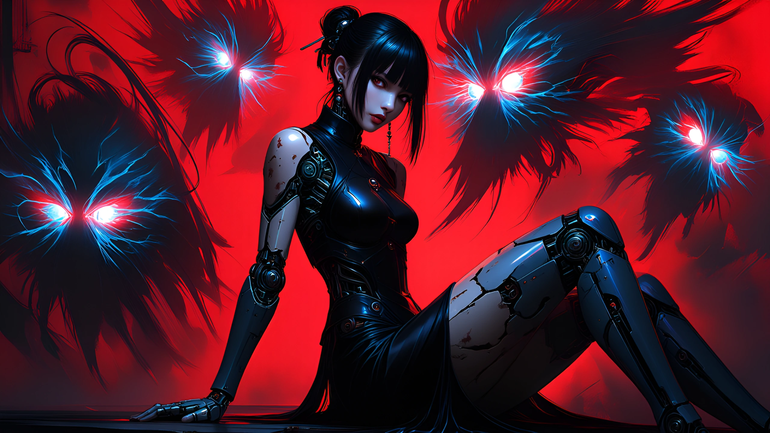 In the background a red mist distorts several pairs of hostile glowing neon-crimson electrical eyes (the eyes are shot through with blue shockwaves as