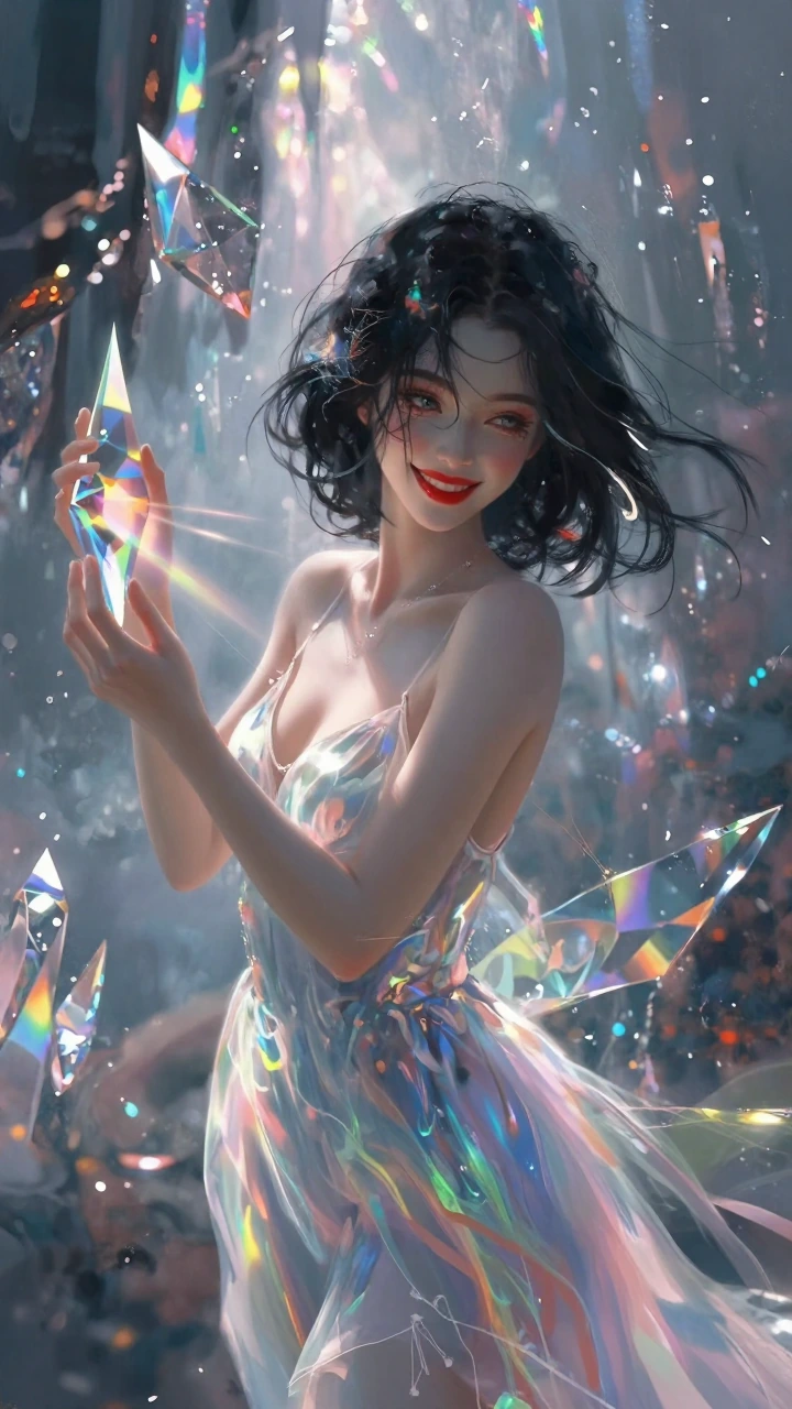 A surreal creation of a Stunning young woman with sensual grey eyes, full crimson lips, and lustrous wavy black hair with subtle prismatic highlights, radiant warm smile, wearing a light airy prismatic sundress that flatters a sleek lithe curvaceous